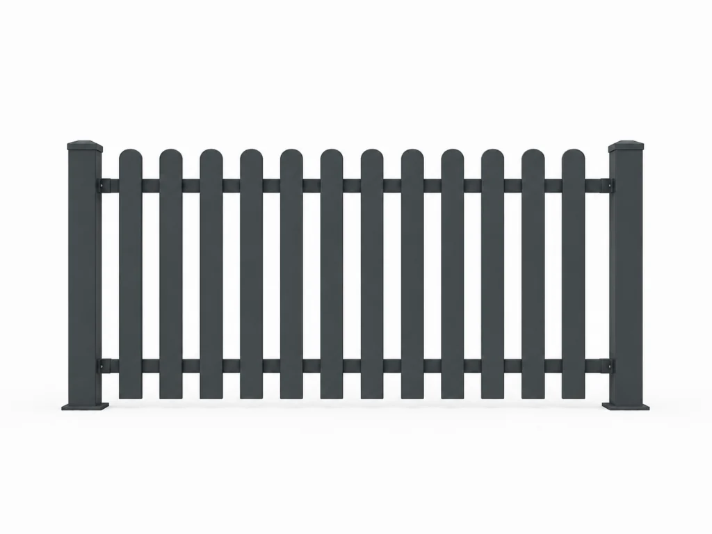 Aluminiumzaun-Muster A1: dunkle, breite senkrechte Latten mit abgerundeten Enden zwischen zwei Pfosten.