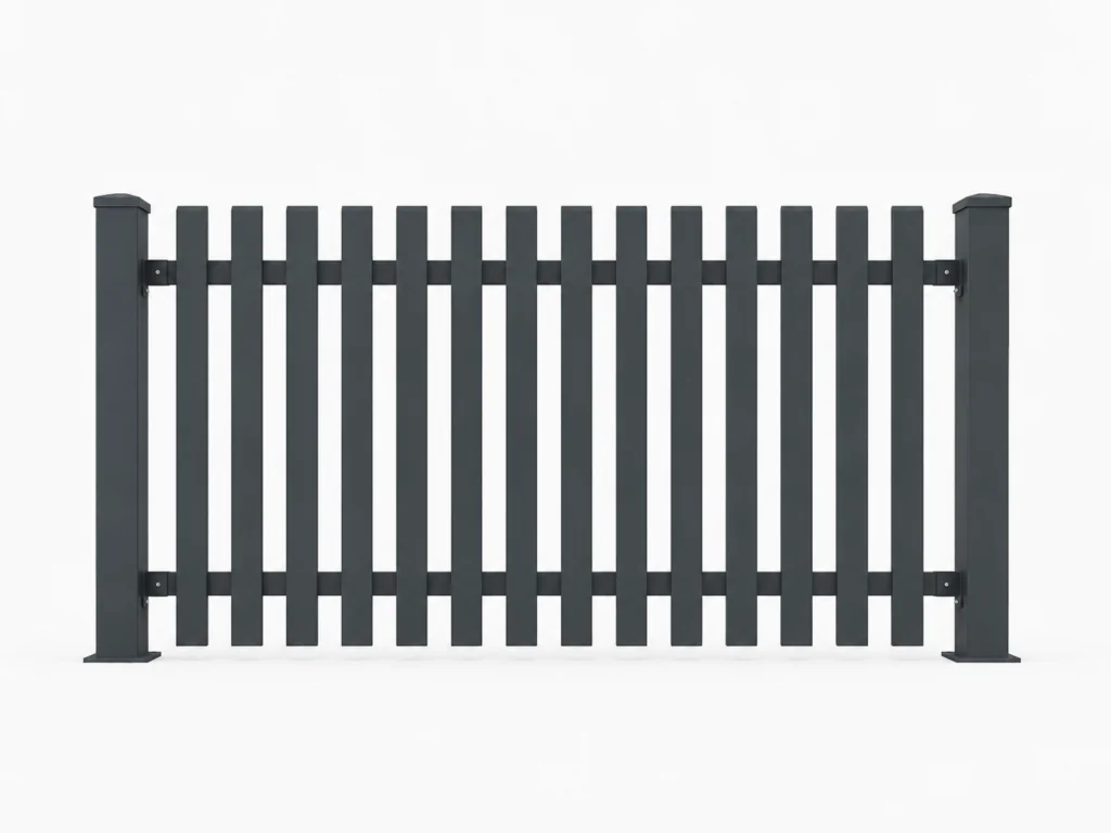 Aluminiumzaun-Muster A4: dicht stehende breite senkrechte Latten mit geraden Oberkanten.