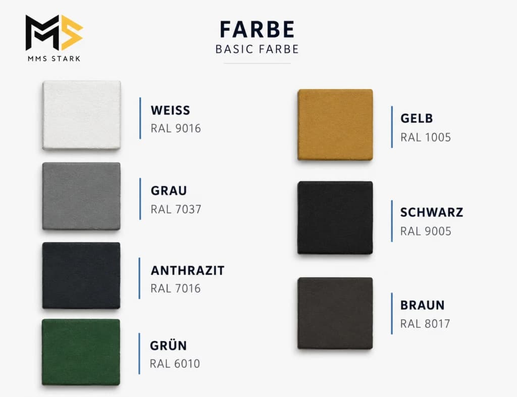 Farbkarte von MMS Stark mit sieben quadratischen Farbmusterflächen in Weiß, Grau, Anthrazit, Grün, Gelb, Schwarz und Braun samt RAL-Bezeichnungen.